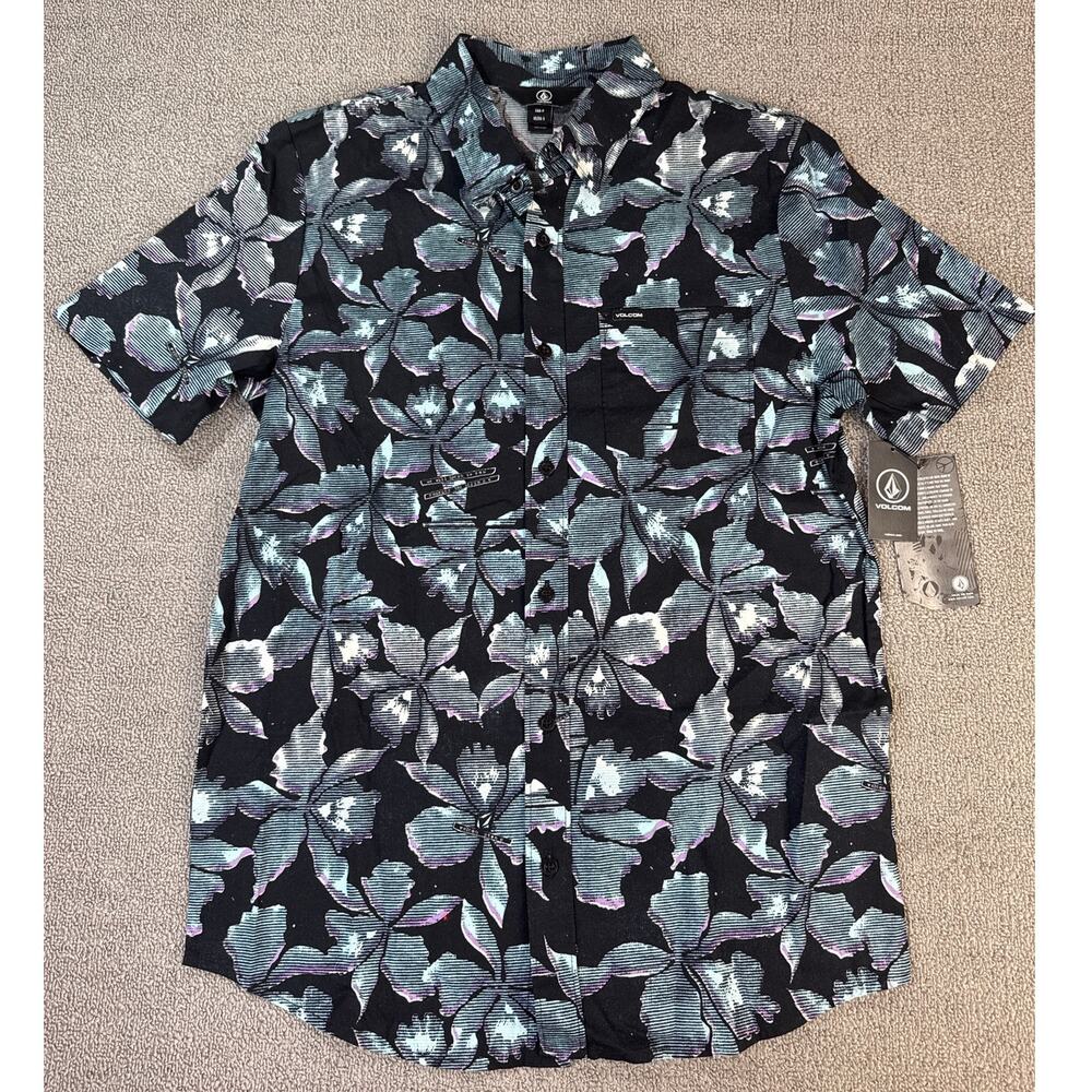 NWT Volcom Button Down Casual Shirt Warbler Short Sleeve Black Floral Size Small